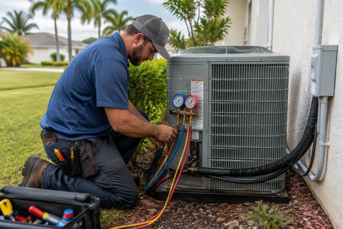 HVAC technician servicing an outdoor condenser unit at a Florida home